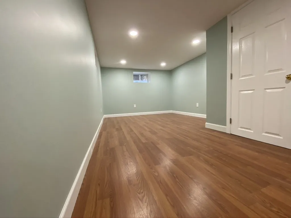 Finished basement with green painted walls, white trim and dark wood look plank flooring